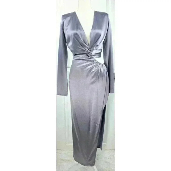 NICHOLAS Alezia Gray Twist Front Cutout Satin Side Slit Dress Sz 2 Msrp $498 - Picture 3 of 14